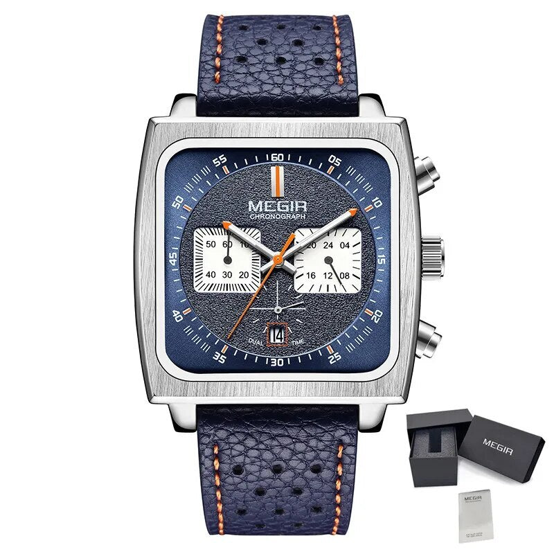MEGIR 2022 Analogue Watch Men Top Brand Fashion Luxury Rectangle Quartz Military Watches Waterproof Luminous Leather Strap
