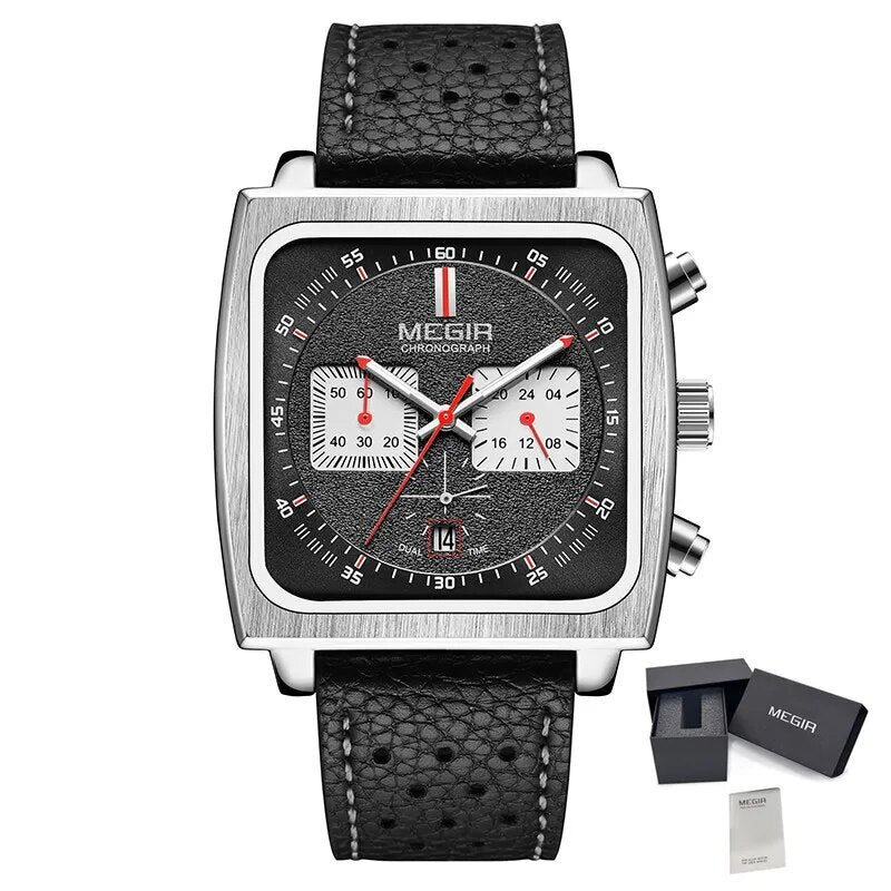 MEGIR 2022 Analogue Watch Men Top Brand Fashion Luxury Rectangle Quartz Military Watches Waterproof Luminous Leather Strap
