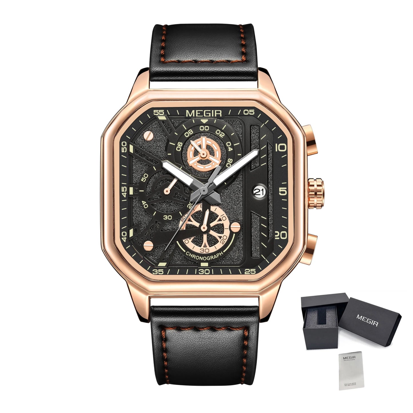 MEGIR Fashion Men's Squre Sport Watch Quartz Chronograph Luminous Military WristWatches Leather Luminous Date Clock Reloj Hombre