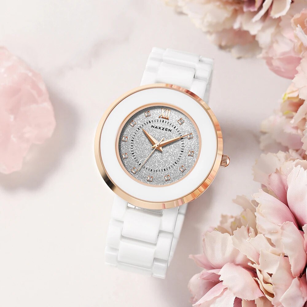NAKZEN Women's Quartz Fashion Simple Ceramics Analogue Watch Ceramic Band 30M Waterproof Diamond Dress Watches relogio feminino