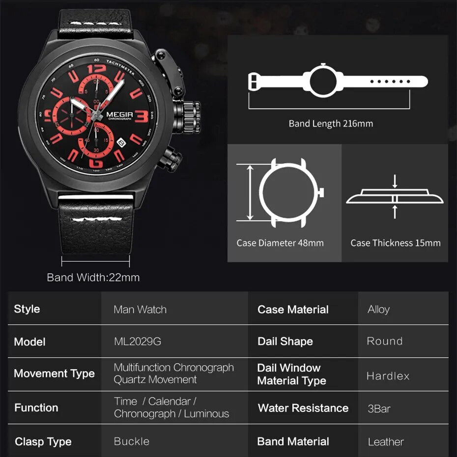 MEGIR Brand Luxury Sport Men Watches Quartz Big Dial Wristwatch Multifunction Luminous Waterproof Casual Chronograph Date Clock