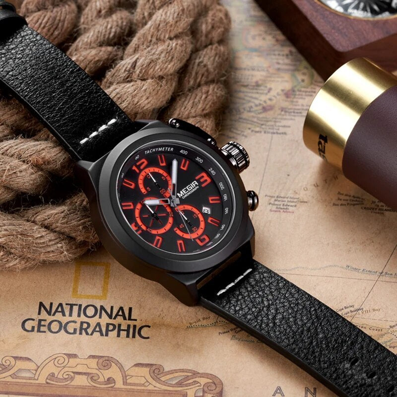MEGIR Brand Luxury Sport Men Watches Quartz Big Dial Wristwatch Multifunction Luminous Waterproof Casual Chronograph Date Clock