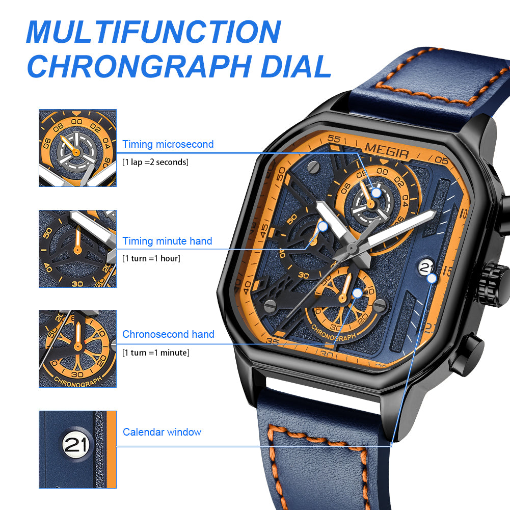 MEGIR Fashion Men's Squre Sport Watch Quartz Chronograph Luminous Military WristWatches Leather Luminous Date Clock Reloj Hombre