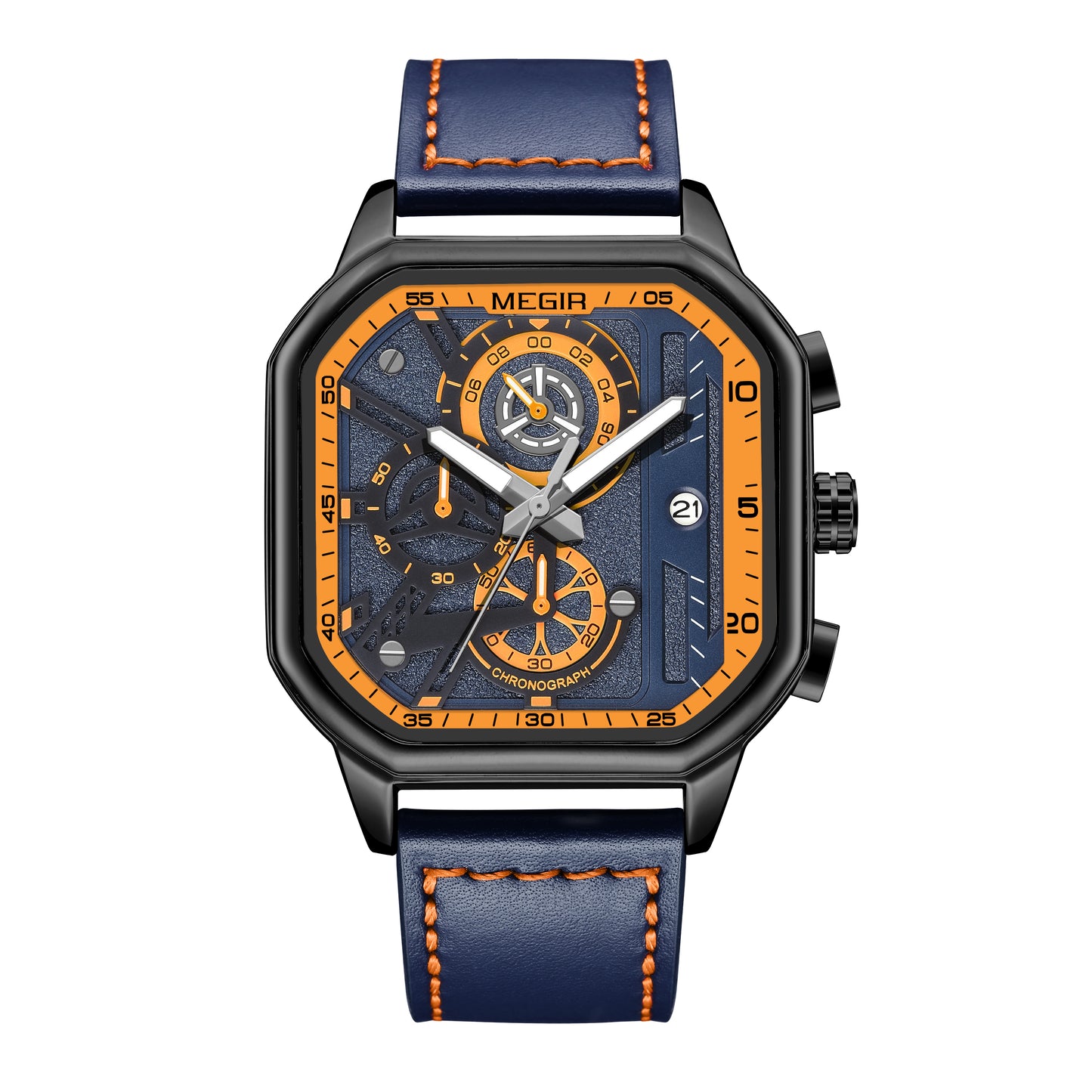 MEGIR Fashion Men's Squre Sport Watch Quartz Chronograph Luminous Military WristWatches Leather Luminous Date Clock Reloj Hombre