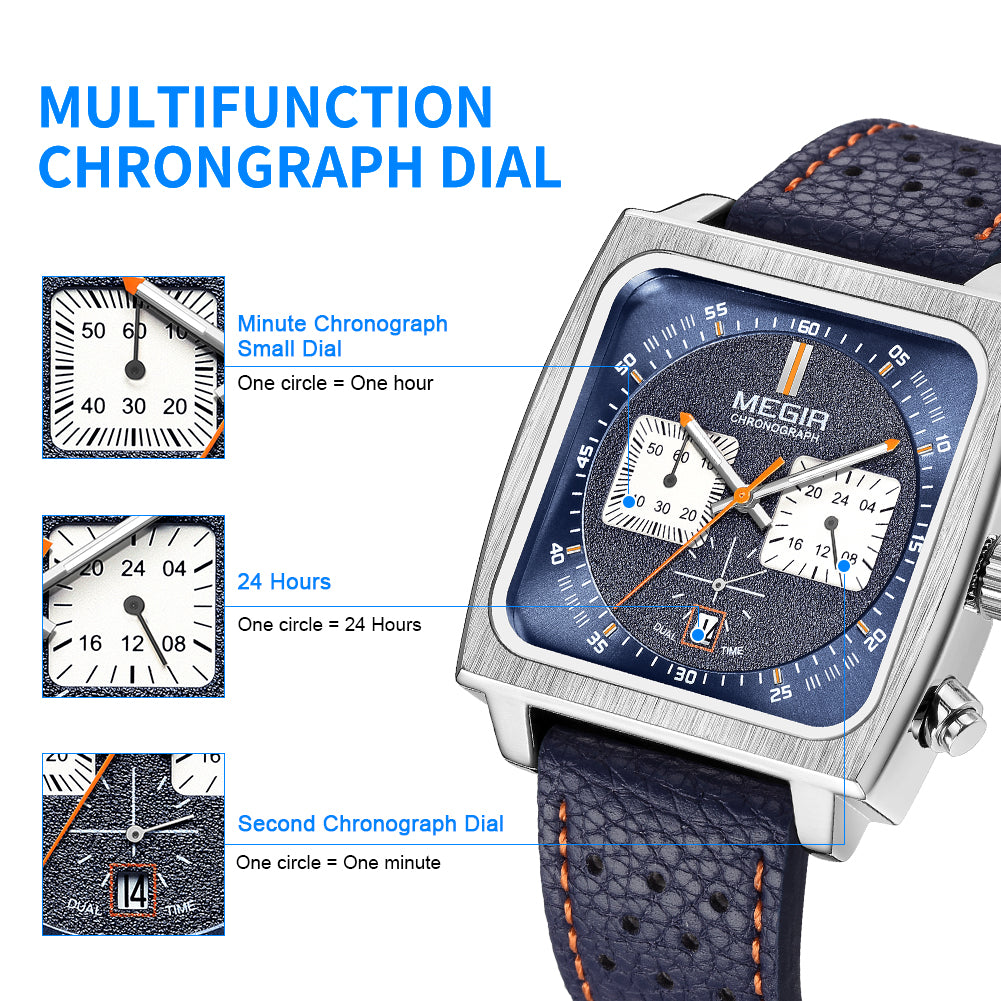 MEGIR 2022 Analogue Watch Men Top Brand Fashion Luxury Rectangle Quartz Military Watches Waterproof Luminous Leather Strap