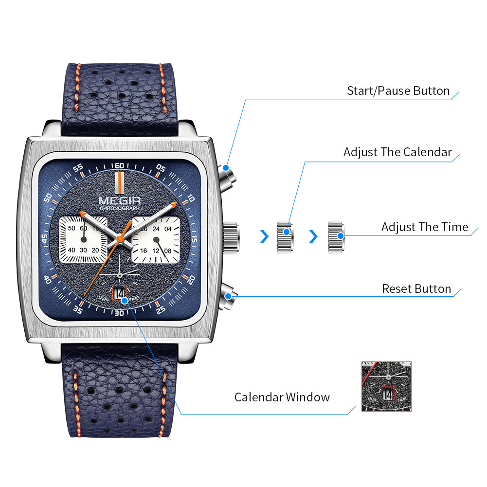 MEGIR 2022 Analogue Watch Men Top Brand Fashion Luxury Rectangle Quartz Military Watches Waterproof Luminous Leather Strap