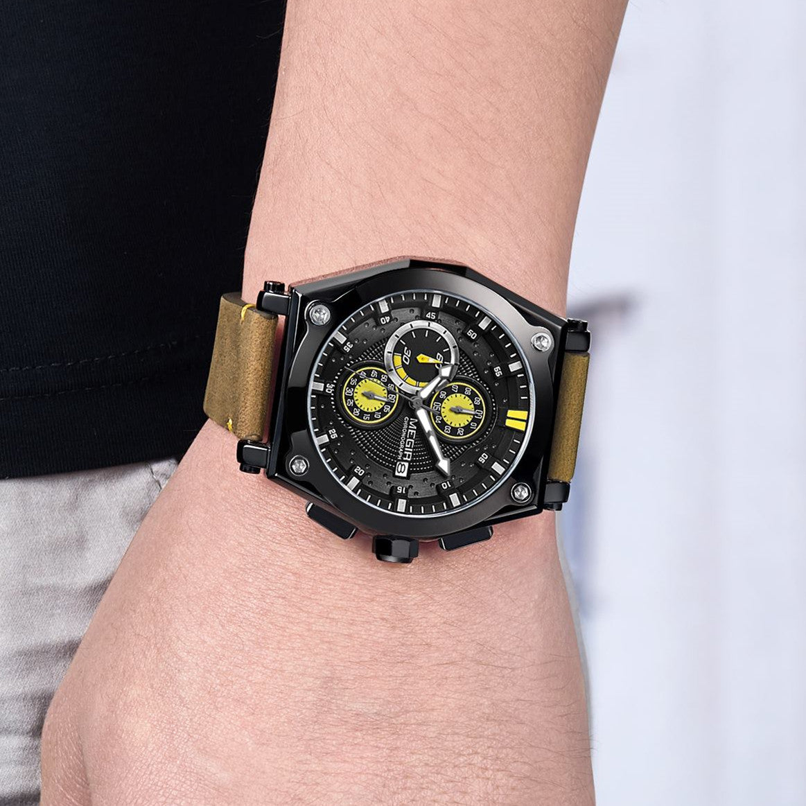 MEGIR Blue Quartz Men Watches Top Brand Leather Strap Chronograph Sport Wrist Watch Men Clock Relogio Masculino Reloj Hombre