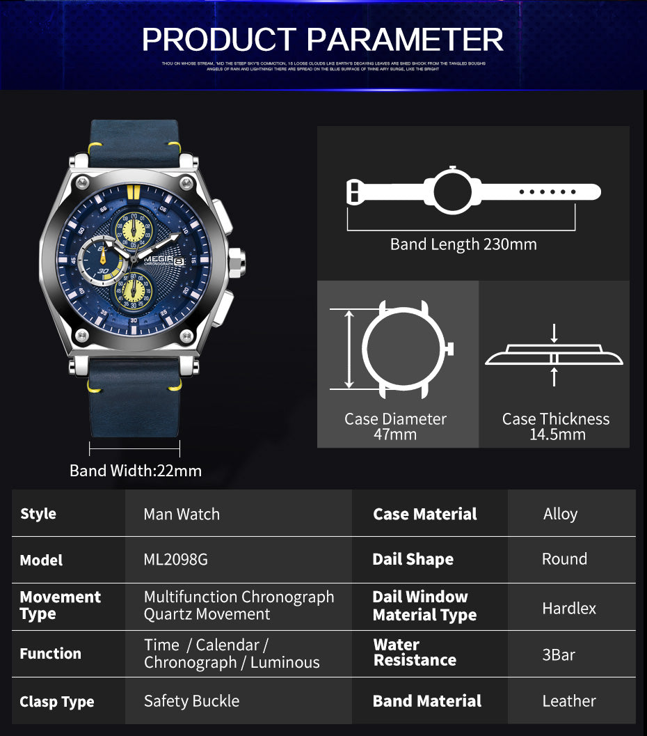 MEGIR Blue Quartz Men Watches Top Brand Leather Strap Chronograph Sport Wrist Watch Men Clock Relogio Masculino Reloj Hombre