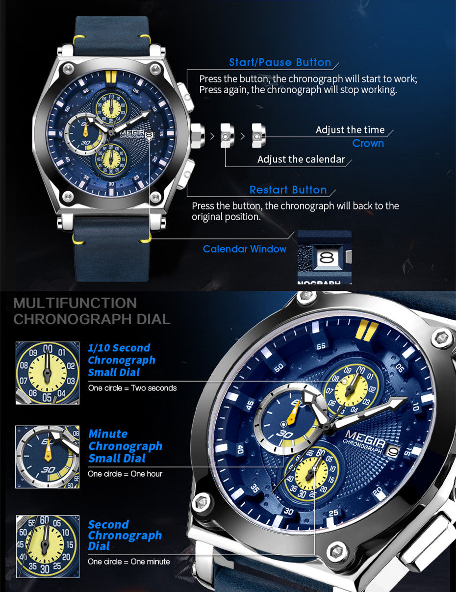 MEGIR Blue Quartz Men Watches Top Brand Leather Strap Chronograph Sport Wrist Watch Men Clock Relogio Masculino Reloj Hombre