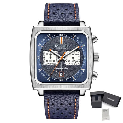 MEGIR 2022 Analogue Watch Men Top Brand Fashion Luxury Rectangle Quartz Military Watches Waterproof Luminous Leather Strap