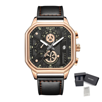 MEGIR Fashion Men's Squre Sport Watch Quartz Chronograph Luminous Military WristWatches Leather Luminous Date Clock Reloj Hombre