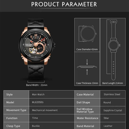 MEGIR Automatic Movement Mechanical Watches Men Luxury Fashion Leather Business Wristwatch Clock Big Dial Male Reloj Hombre