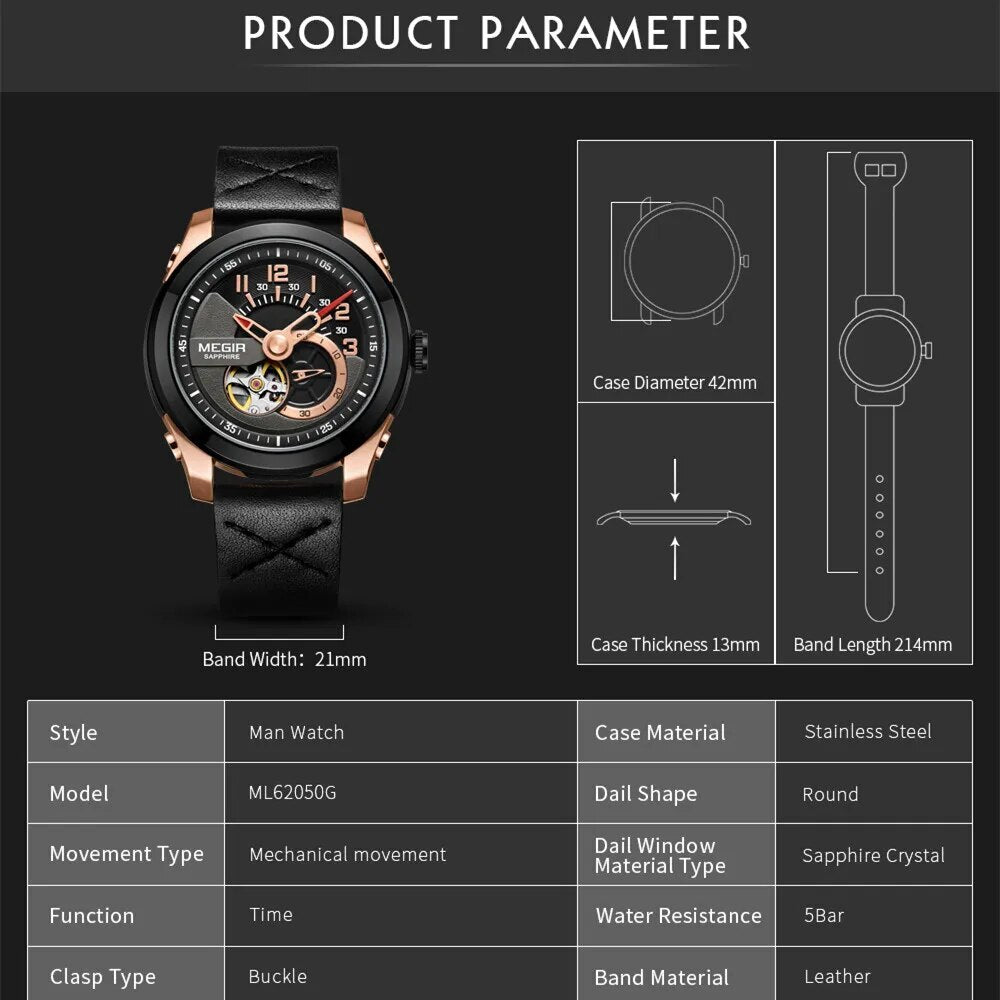 MEGIR Automatic Movement Mechanical Watches Men Luxury Fashion Leather Business Wristwatch Clock Big Dial Male Reloj Hombre