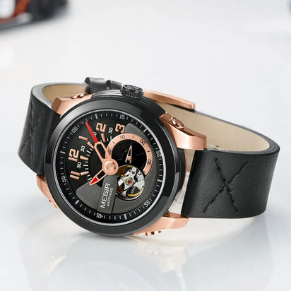 MEGIR Automatic Movement Mechanical Watches Men Luxury Fashion Leather Business Wristwatch Clock Big Dial Male Reloj Hombre