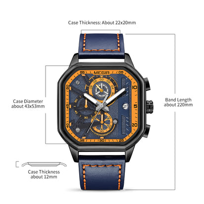 MEGIR Fashion Men's Squre Sport Watch Quartz Chronograph Luminous Military WristWatches Leather Luminous Date Clock Reloj Hombre