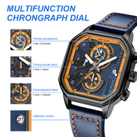 MEGIR Fashion Men's Squre Sport Watch Quartz Chronograph Luminous Military WristWatches Leather Luminous Date Clock Reloj Hombre
