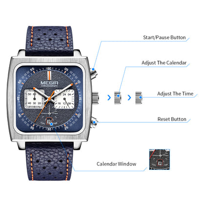 MEGIR 2022 Analogue Watch Men Top Brand Fashion Luxury Rectangle Quartz Military Watches Waterproof Luminous Leather Strap