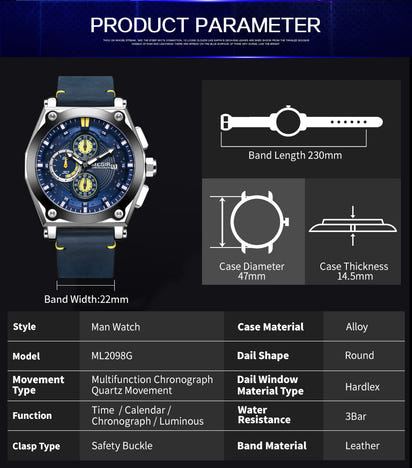 MEGIR Blue Quartz Men Watches Top Brand Leather Strap Chronograph Sport Wrist Watch Men Clock Relogio Masculino Reloj Hombre