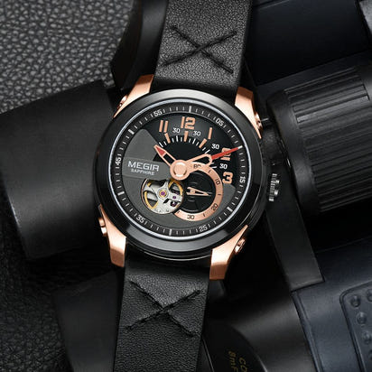 MEGIR Automatic Movement Mechanical Watches Men Luxury Fashion Leather Business Wristwatch Clock Big Dial Male Reloj Hombre