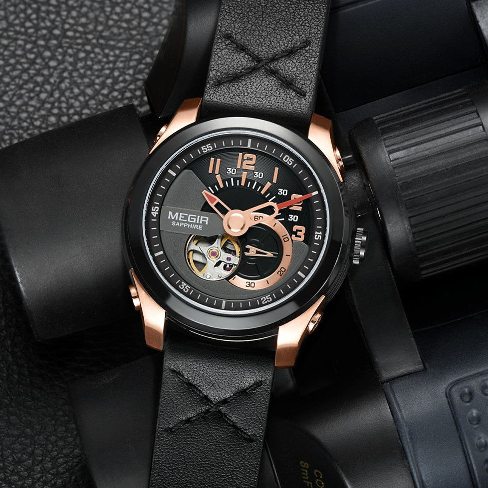MEGIR Automatic Movement Mechanical Watches Men Luxury Fashion Leather Business Wristwatch Clock Big Dial Male Reloj Hombre
